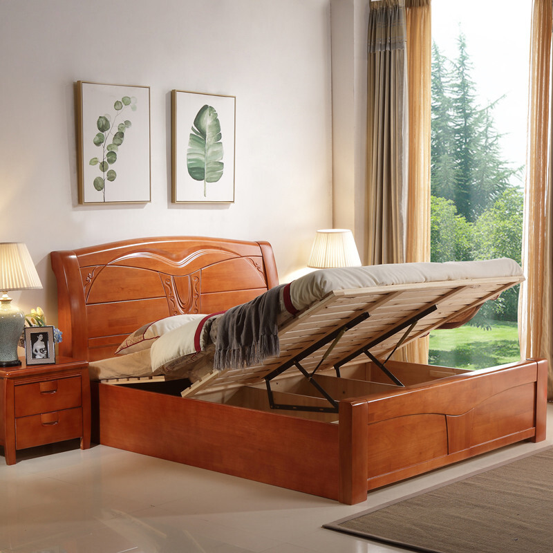喜叶红 实木橡木床1.8m 单双人床1.5m高箱床 中式储物床 卧室婚床 简约现代床 床+1个床头柜-颜色备注 1.8m*2.0m高箱床